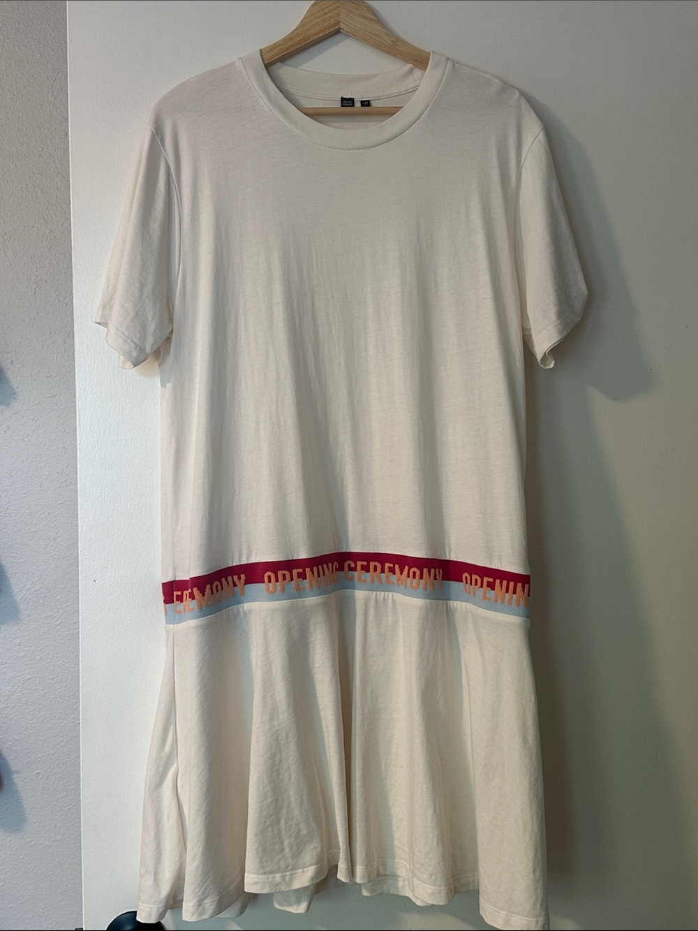 Opening Ceremony Cream Tee Dress with Pink, Blue and Orange Logo Stripe